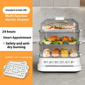 Household electric food steamer with stainless steel rack showing 10-litre capacity and control panel.