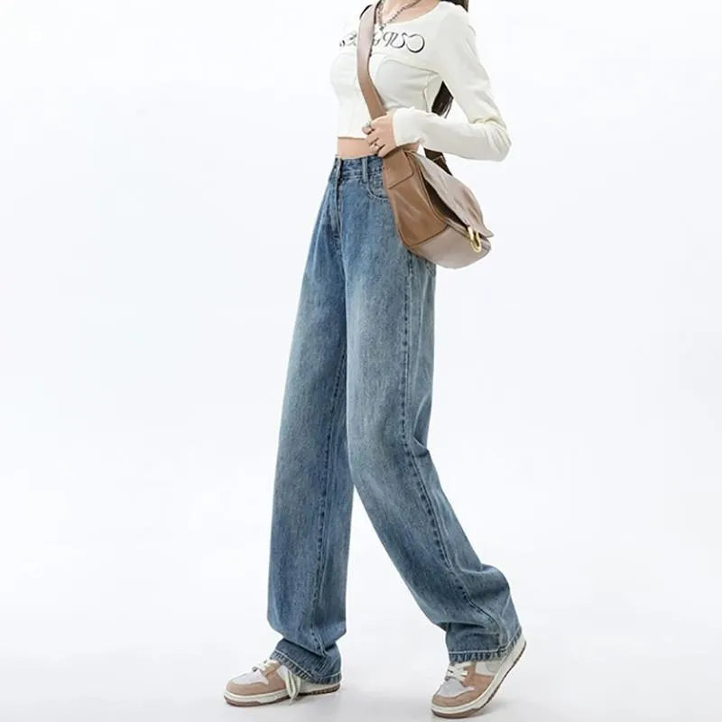Women's high waist wide leg jeans in retro blue colour with straight leg cut