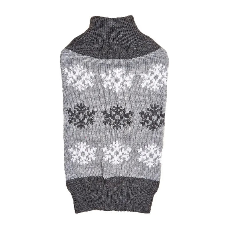 Snowflake patterned dog Christmas sweater in grey and dark brown acrylic knit