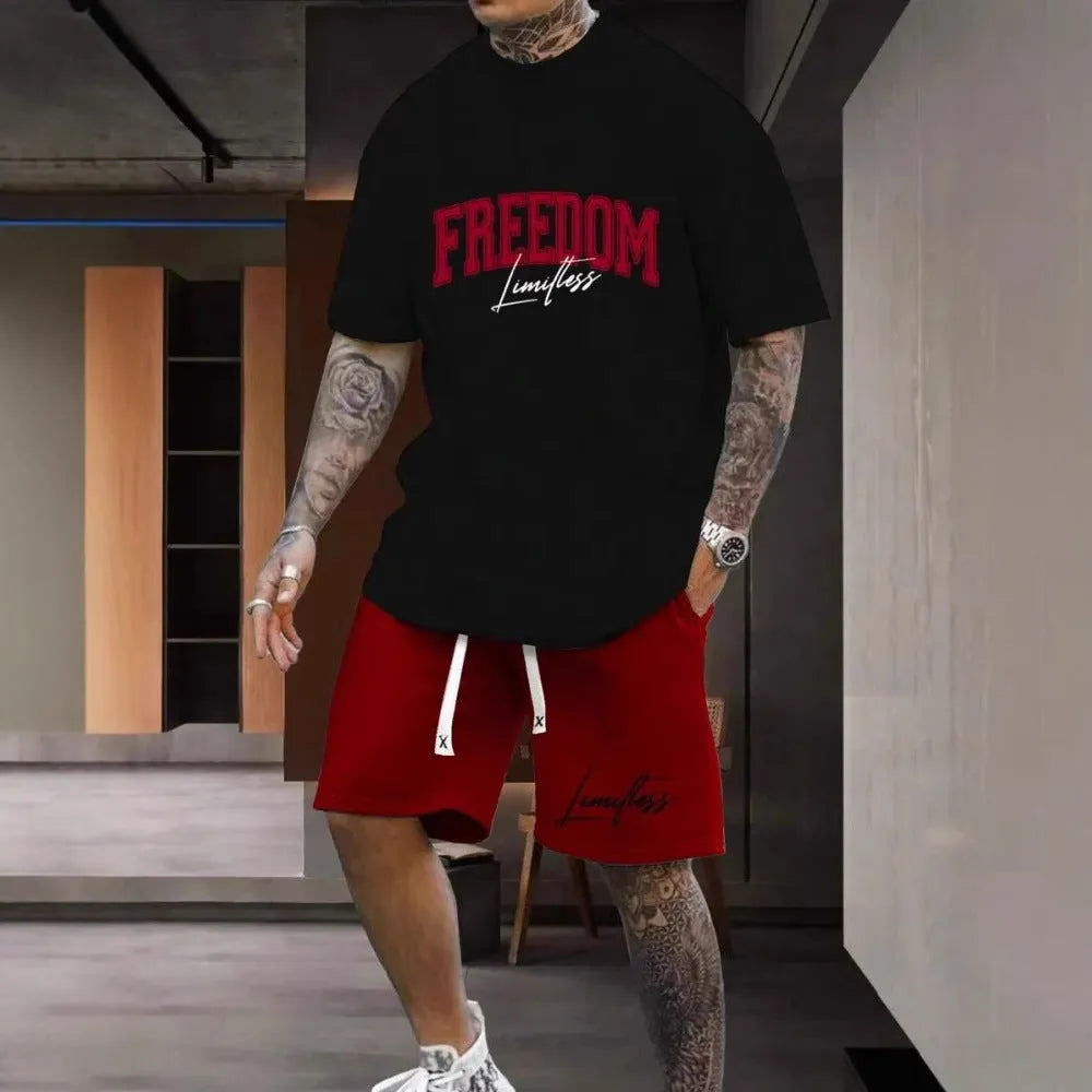 Men's 3D printed suit set with personality letter design on short sleeve top and matching shorts