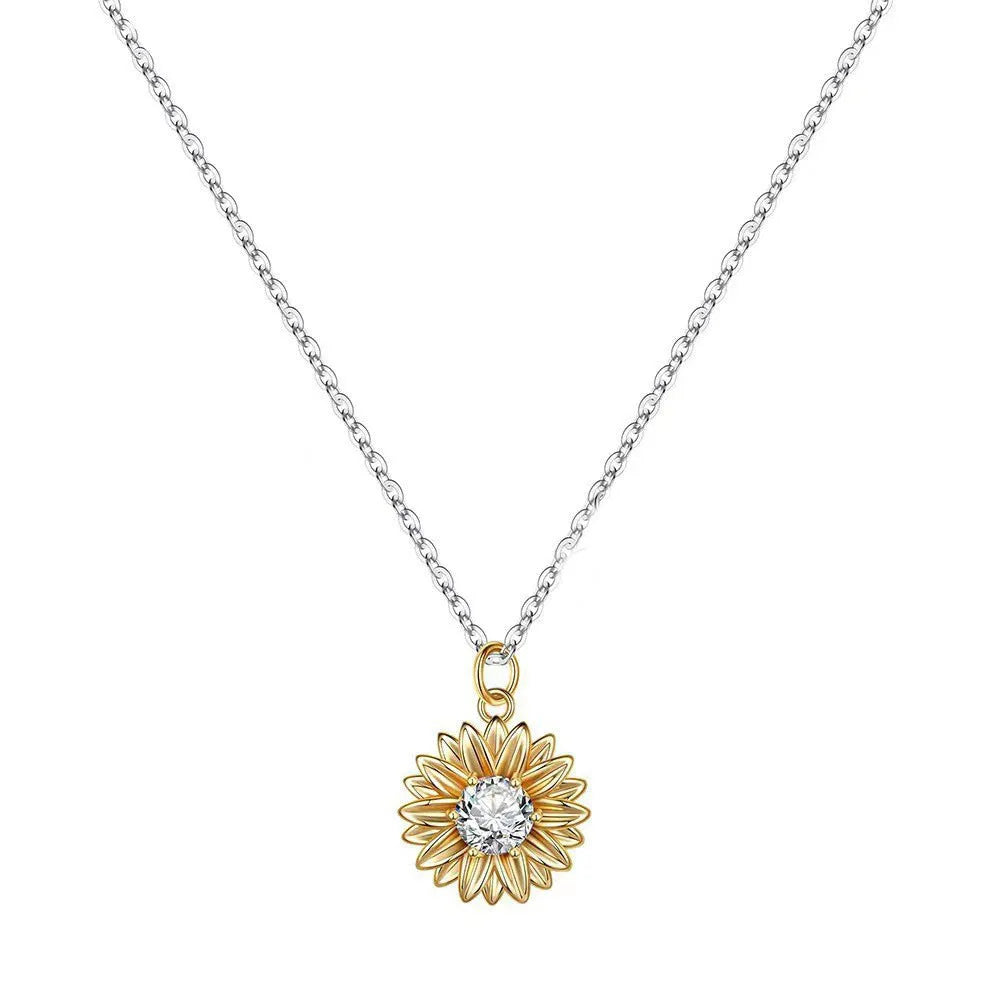 925 silver sunflower necklace with geometric pendant on adjustable cross chain