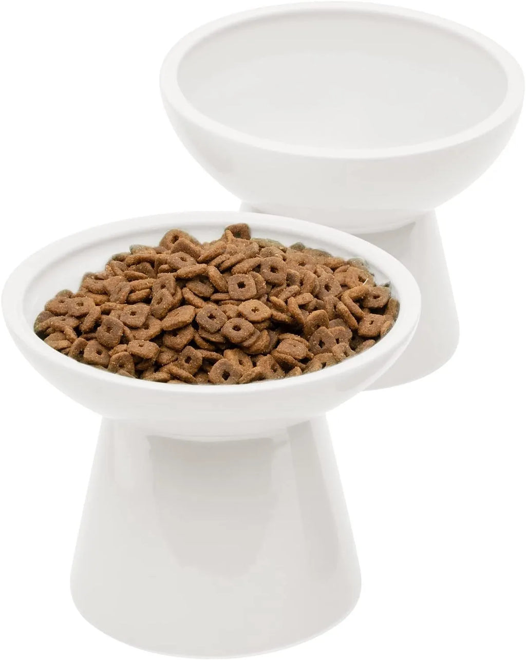 Blue ceramic elevated cat bowl with wide shallow dish and 12cm height for whisker-friendly feeding