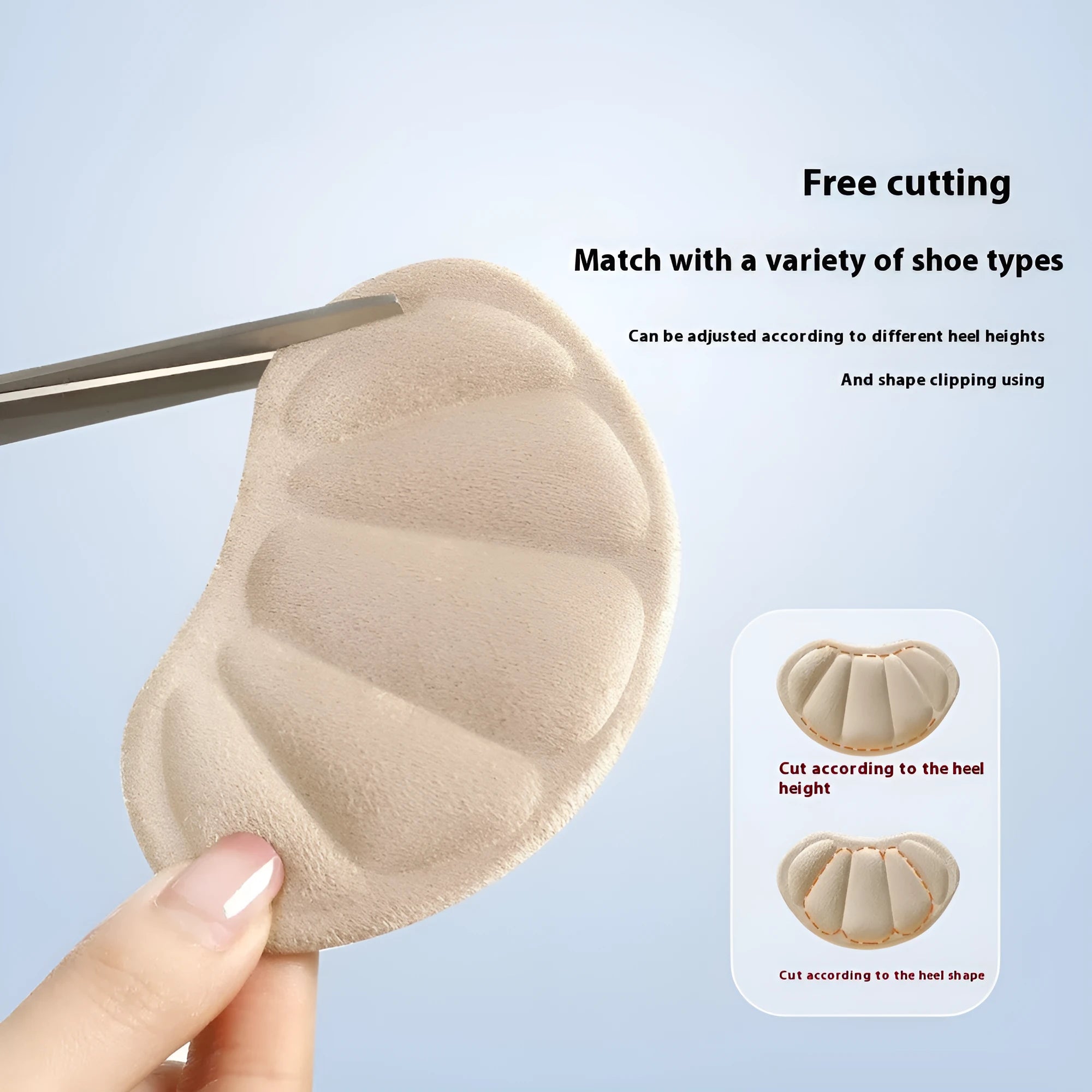 Three pairs of camel-coloured suede anti-slip heel cushion pads for sneakers.