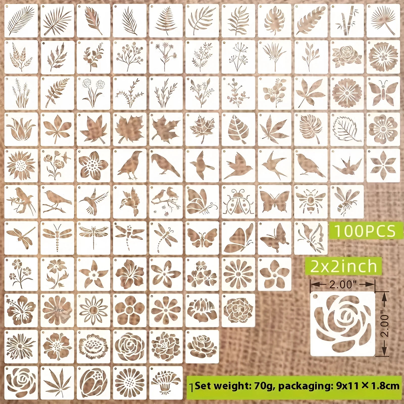 Milky white PET film hollow spray painting stencils showing animal, letter, and floral patterns at 2-inch size