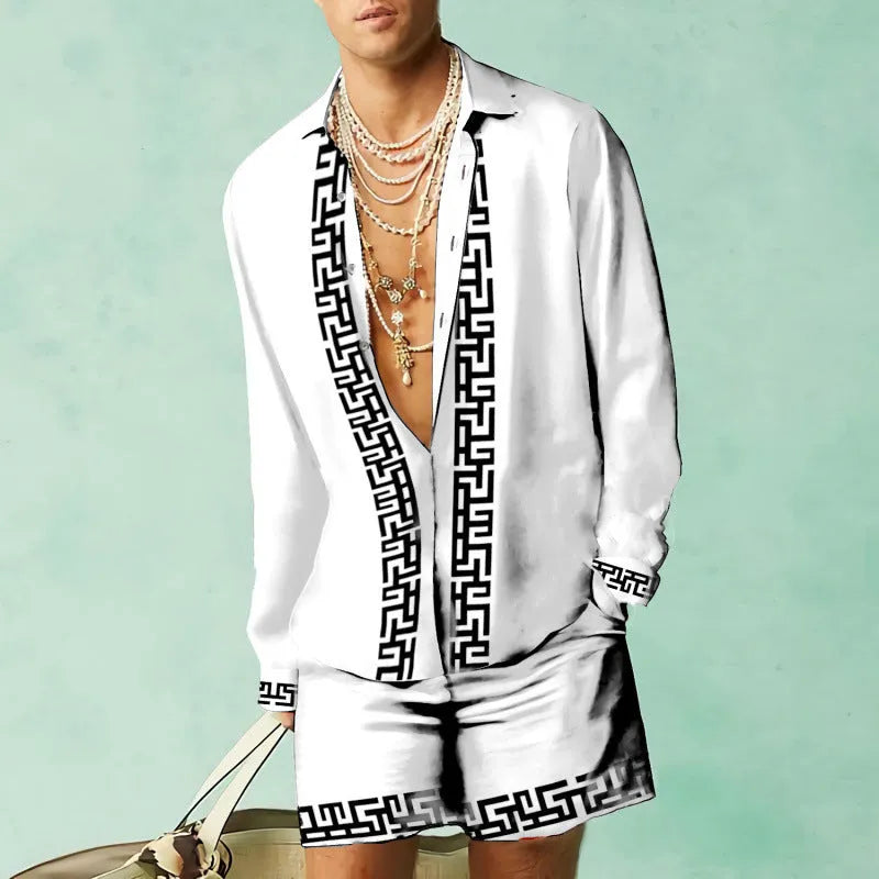 Men's slim fit casual summer matching set with long sleeve shirt and shorts on a hanger