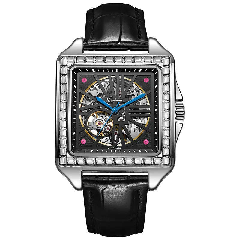 Men's square automatic watch with diamond-studded bezel on black leather strap
