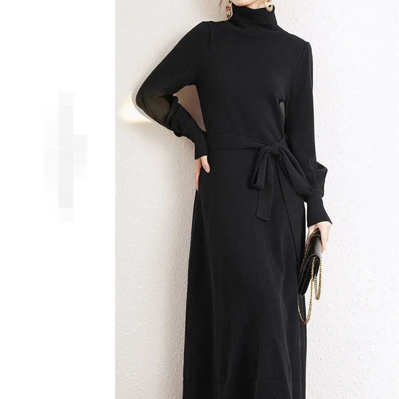 Turtleneck knitted dress with elastic waist and loose big hem in rose red colour