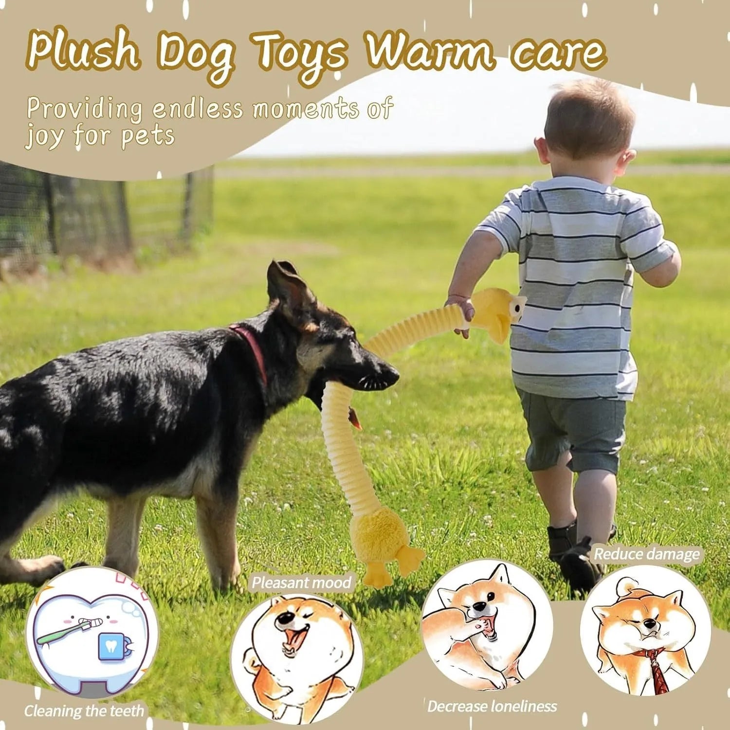 Foldable brown plush dog toy with squeaker and crinkle material for chew play.