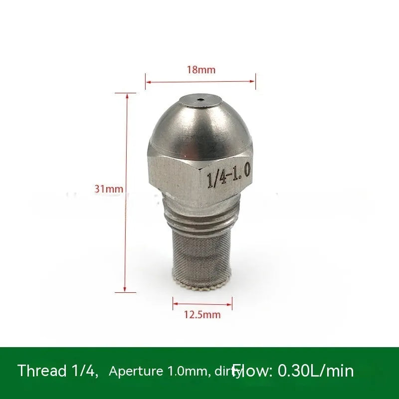 304 stainless steel two-point industrial spray nozzle with external thread and filter screen for atomisation.