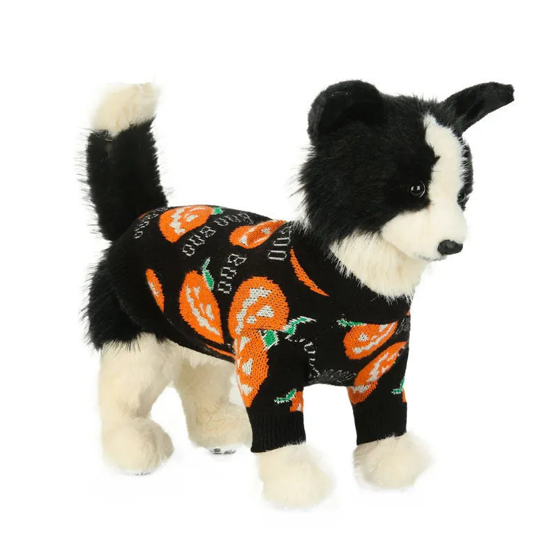 Black Halloween dog sweater with orange pumpkin pattern print, pullover style with four leg holes