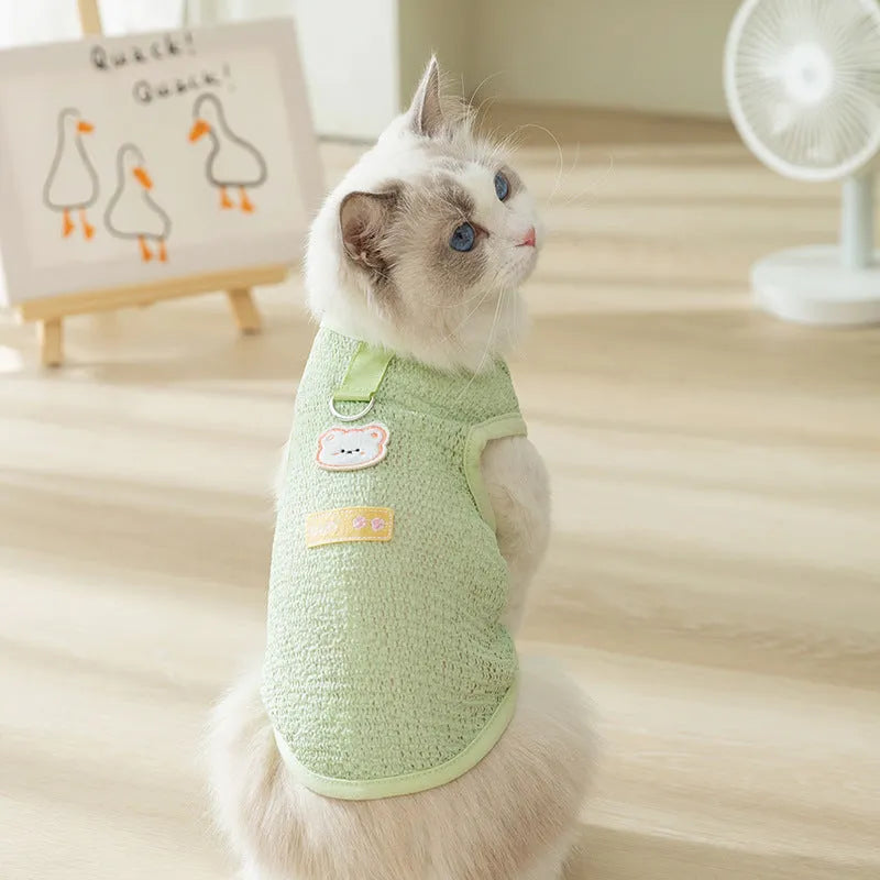Colourful knitted cat clothes with a bear patch, showing hollowed-out breathable fabric.