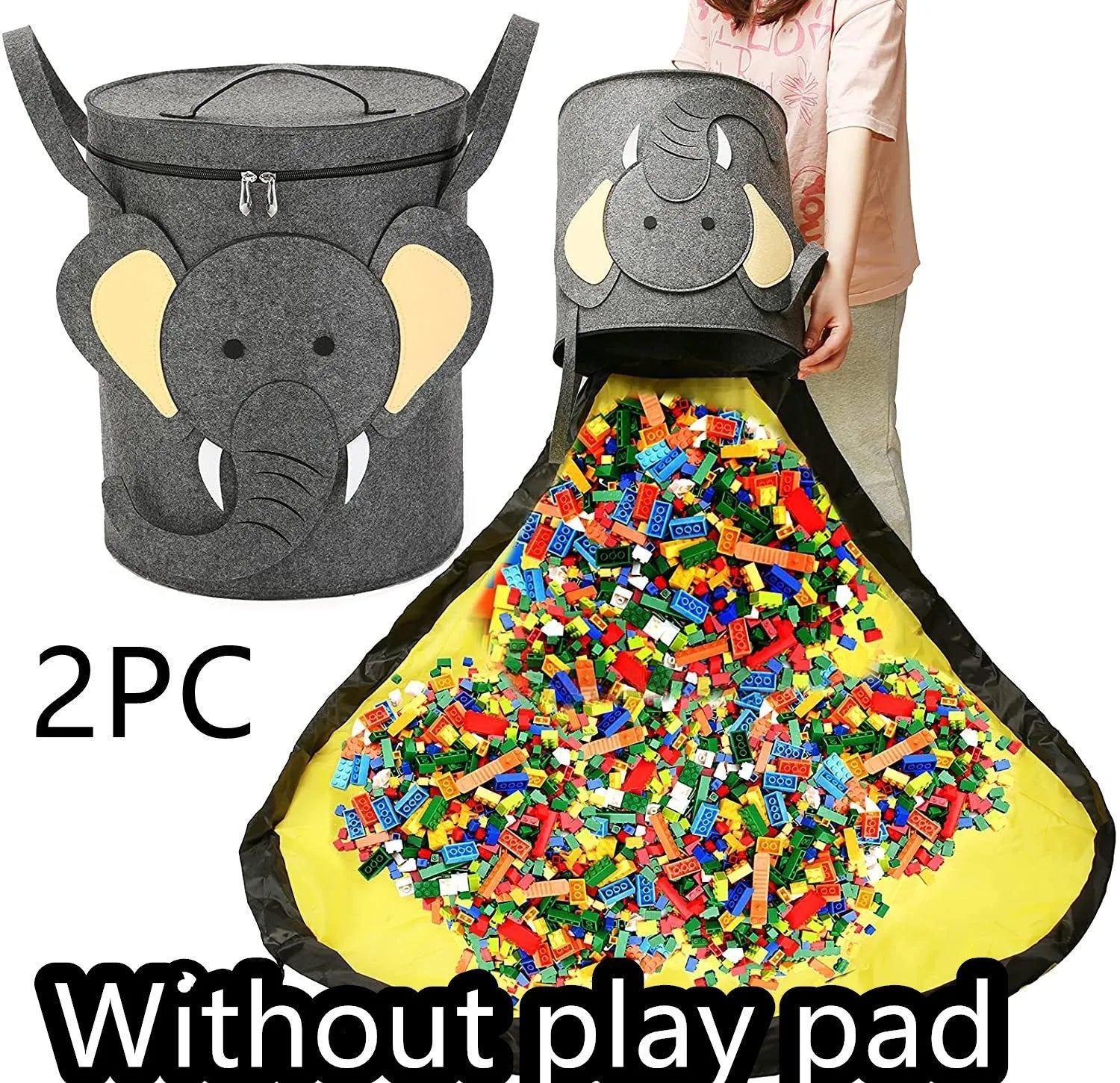 Green felt storage bag cinched closed with pull rope, shown next to it laid flat as a play mat