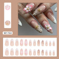 W1764 simple flower French style false nails with rock pattern patch, full 24-piece plastic kit.