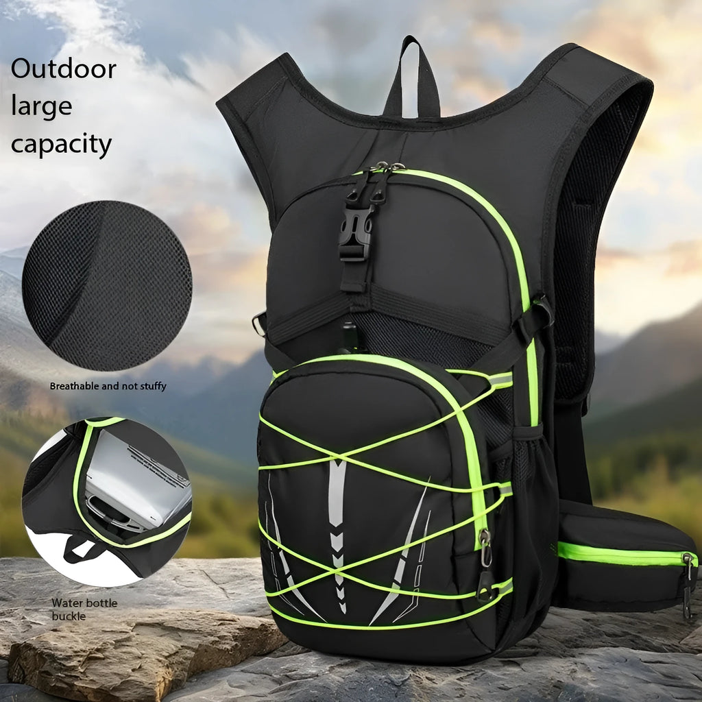 Lightweight breathable mesh hydration backpack in black with reflective details for trail running or mountain biking