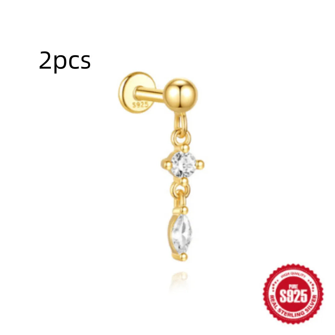 S925 sterling silver water drop shaped earring with a flat spiral puncture pattern, in a gold tone finish.