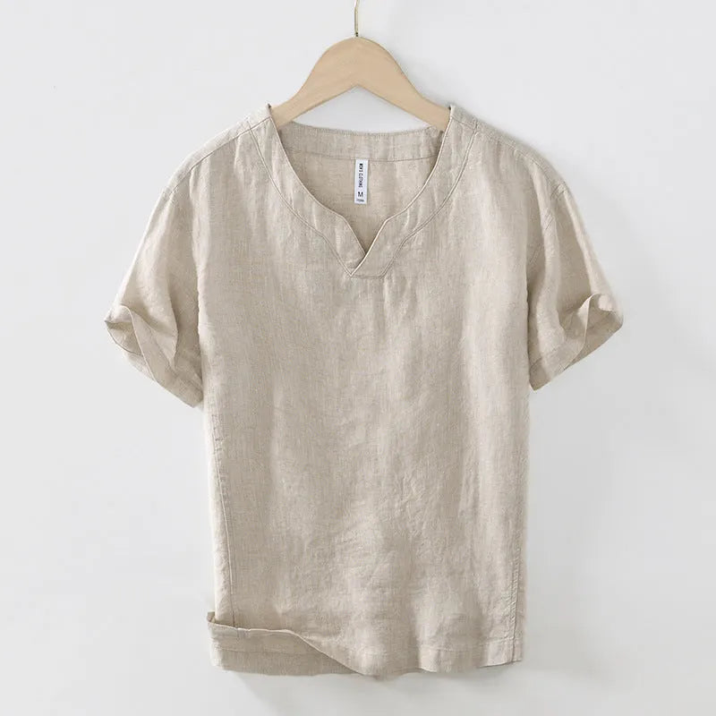 Linen short sleeve pullover T-shirt top in brown, green, dark gray, khaki, and white colours