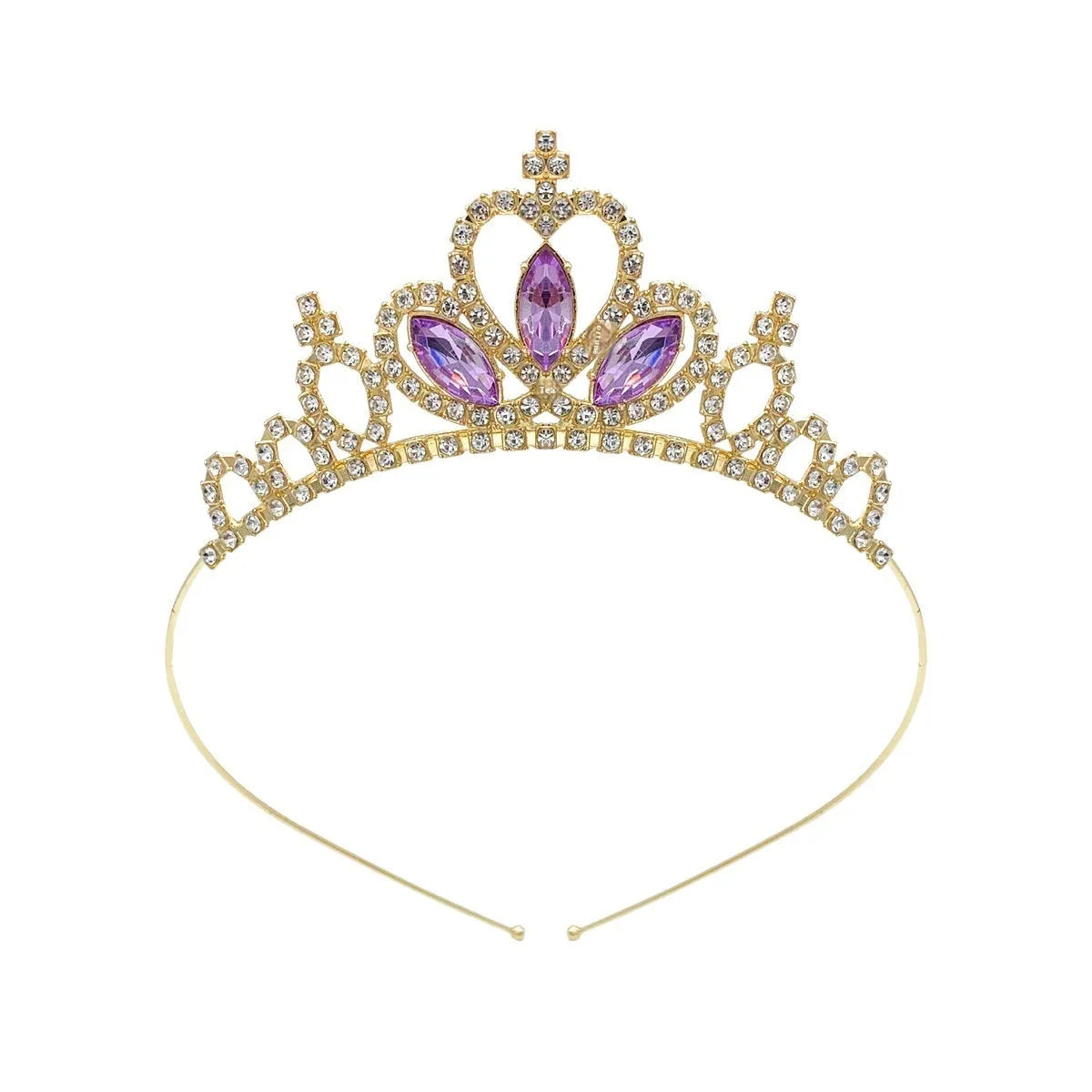 Gold and silver electroplated alloy princess crown headdress for girls with coloured diamond embellishments.
