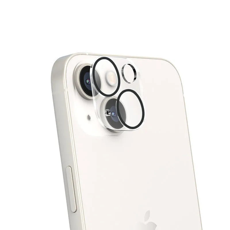 Tempered glass camera lens protector for iPhone showing integrated rear film covering camera module