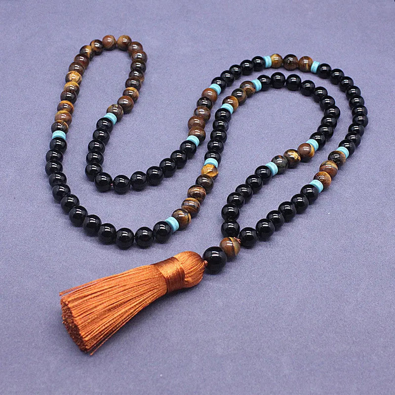 Black agate bracelet and Tiger Eye stone necklace jewellery set with geometric design