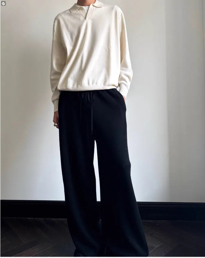 Pure wool lapel collar polo sweater in loose fit pullover style, available in Milky White or Navy Blue