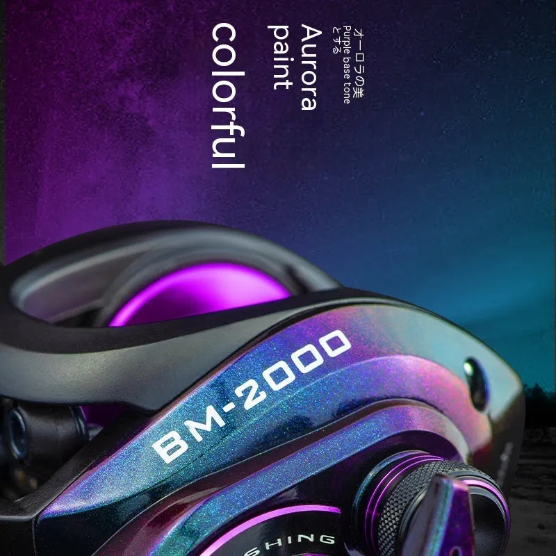 BM2000 fishing reel with magnetic brake system, shown in left-hand and right-hand retrieve options.