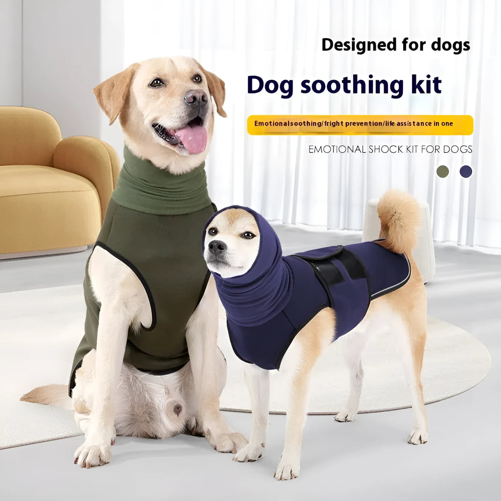 Dog wearing army green anti-anxiety jacket for mood soothing
