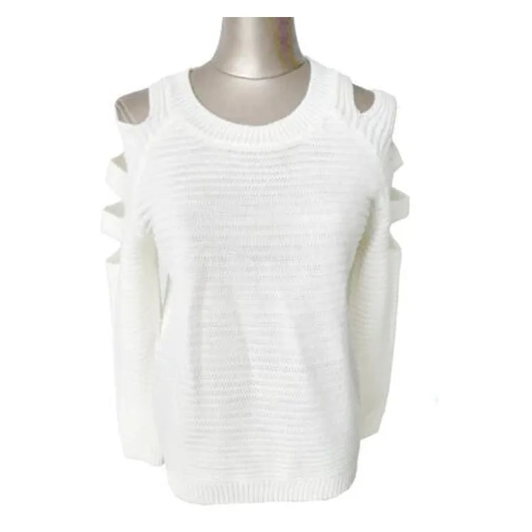 Women's solid colour knitted shirt with crocheted hollow-out long sleeves and round neck.