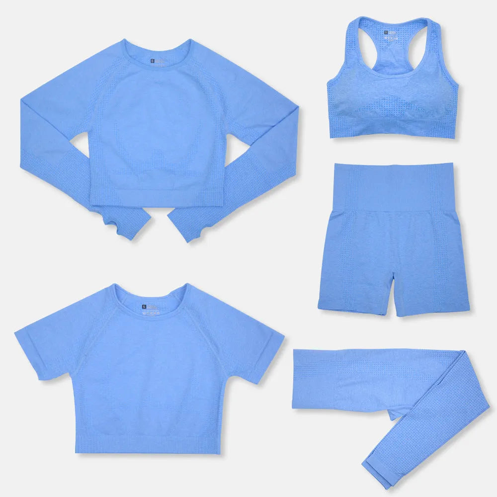 Women's yoga clothes 5-piece set nylon fabric solid colour black