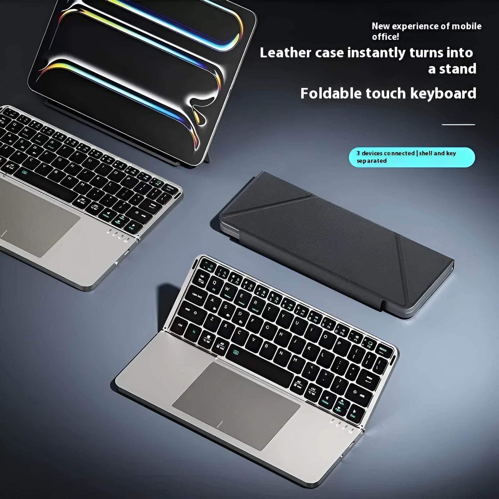Grey wireless Bluetooth folding keyboard in closed and open positions for mobile phones and tablets