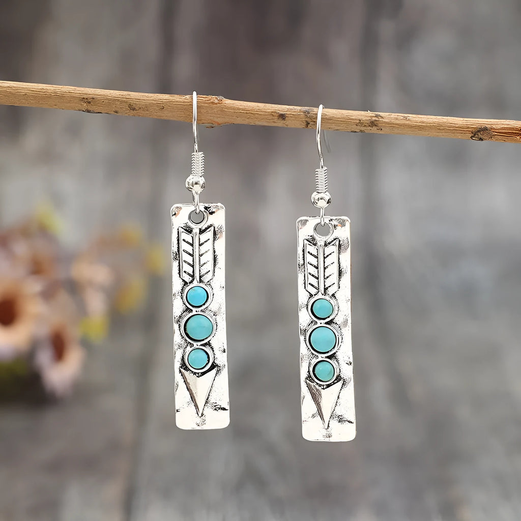 Geometric retro women's earrings with silver electroplated finish and turquoise inlays