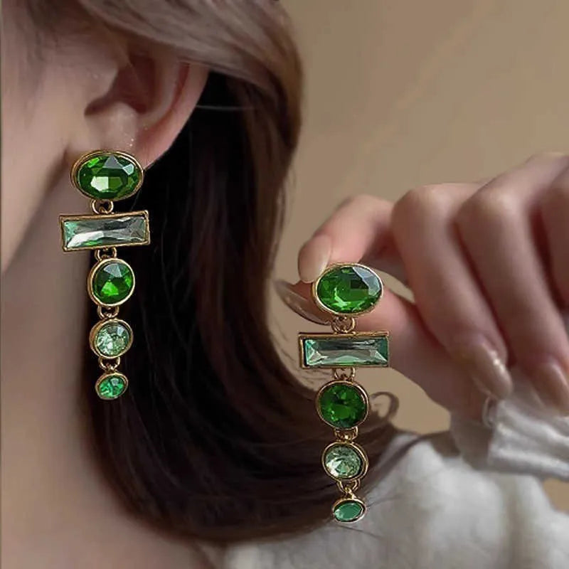 A pair of retro green gradient geometric earrings with tassels and inlaid zircon stones, Chinese-style design.