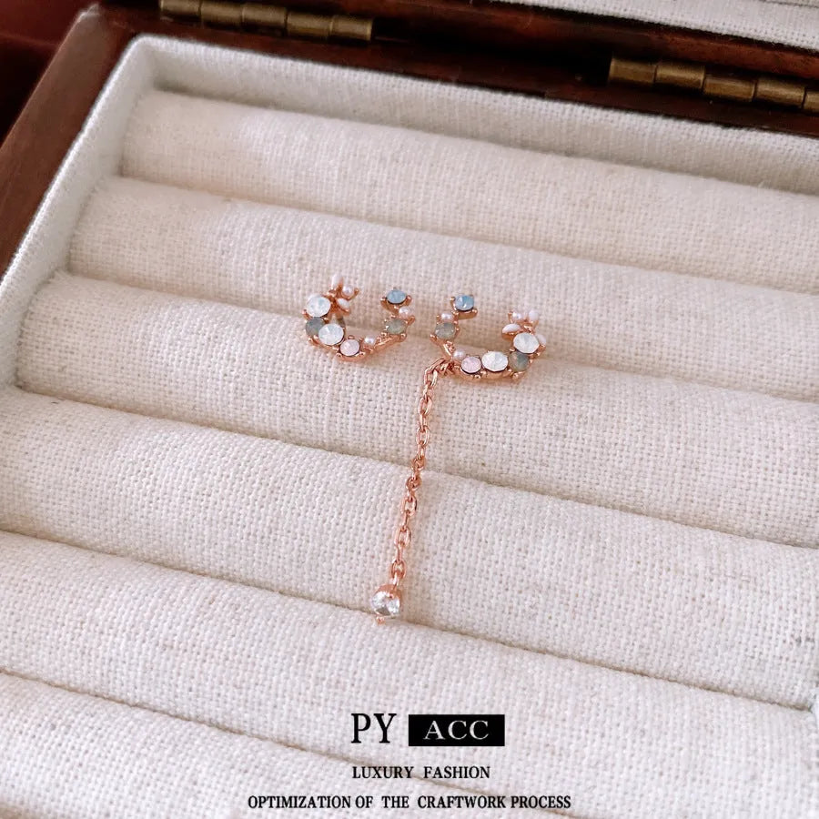 French style light luxury silver needle zircon flower drop earrings in rose gold on copper base