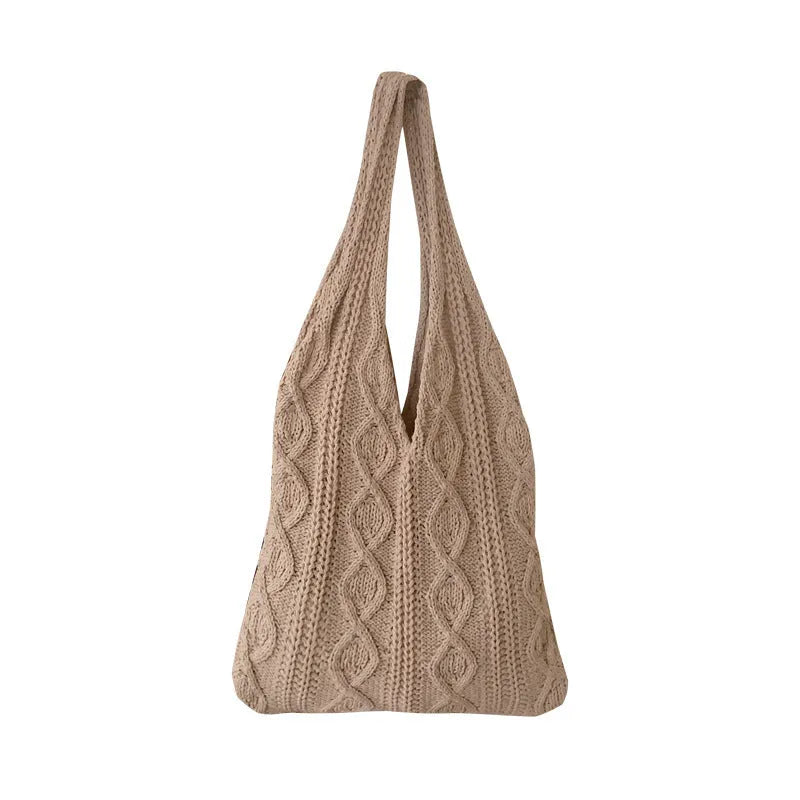 Retro style crochet wool yarn shoulder tote bag with double straps in various solid colours