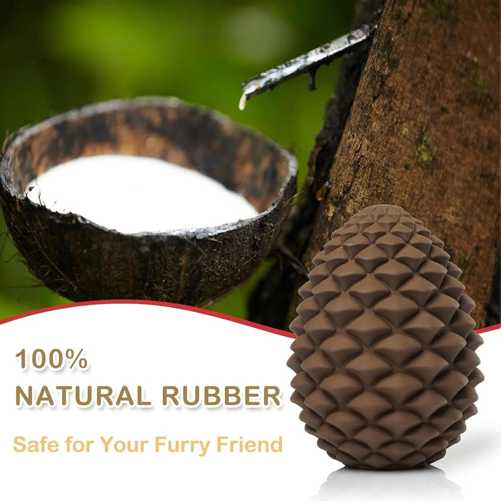 Pine cone shaped natural rubber dog chew toy with treat dispenser for medium and large dogs