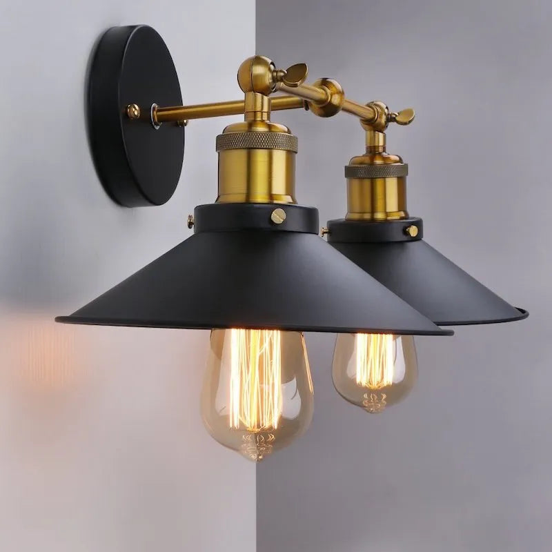 Black industrial dual head wall lamp with retro iron craft design and Edison bulb compatibility