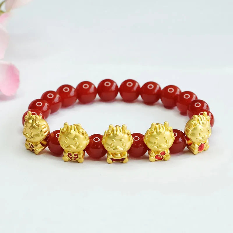 Natural red agate bracelet with Five Blessing Dragon design measuring 8mm diameter