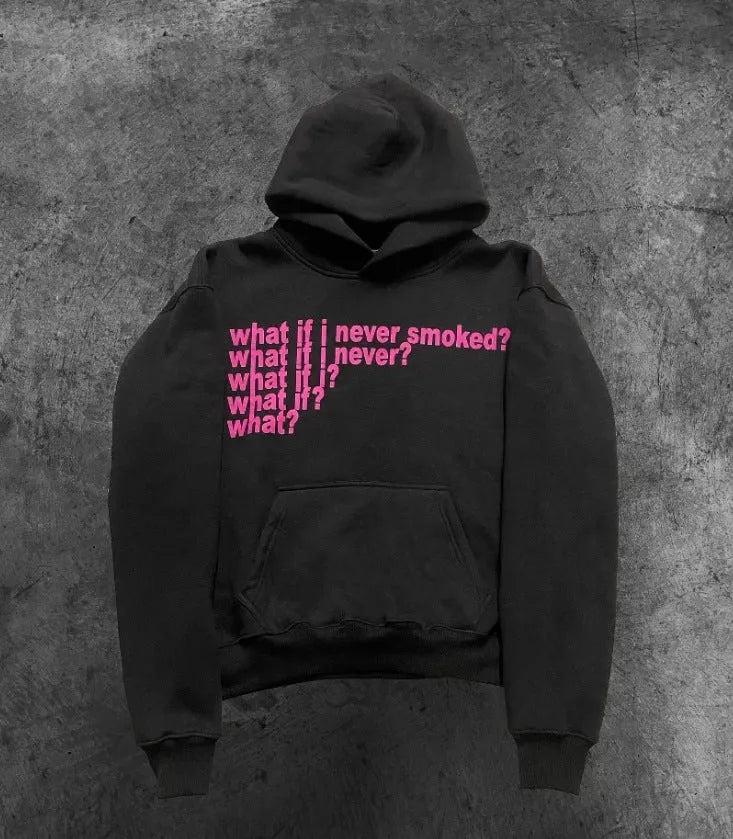 Black heavyweight hooded sweater with a graphic letter print on the front.