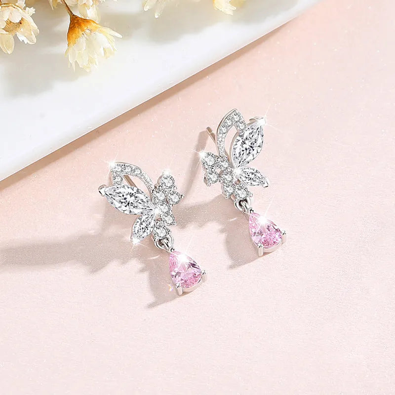 Silver butterfly stud earrings with crystal details on 925 sterling silver
