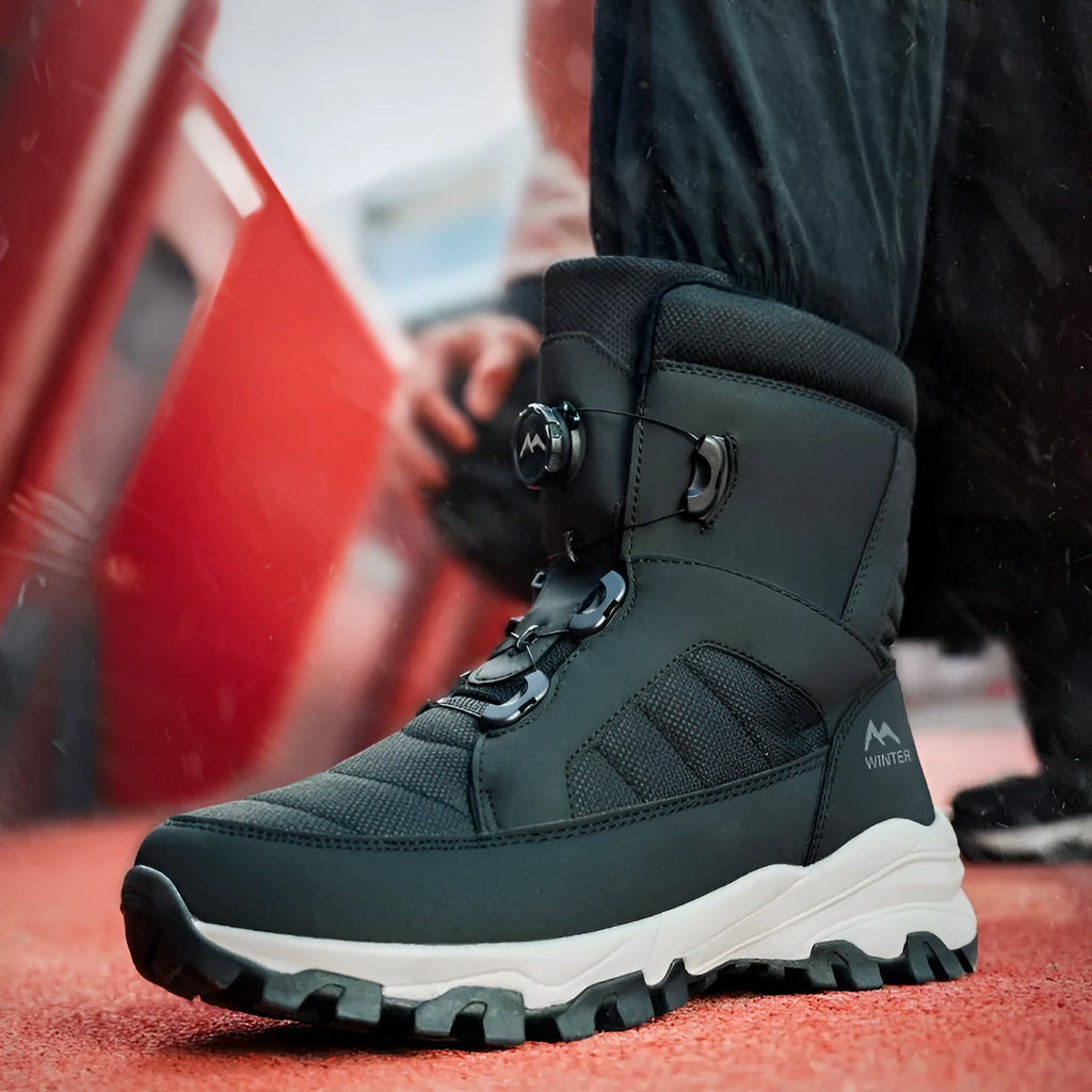 Men's button snow boots fleece-lined winter non-slip Oxford cloth upper black