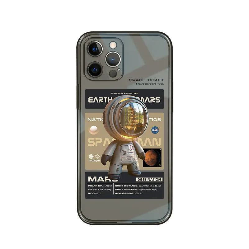 Black soft TPU protective phone case for Apple iPhone, showing Mars Ticket and Oasis Flights design variants.