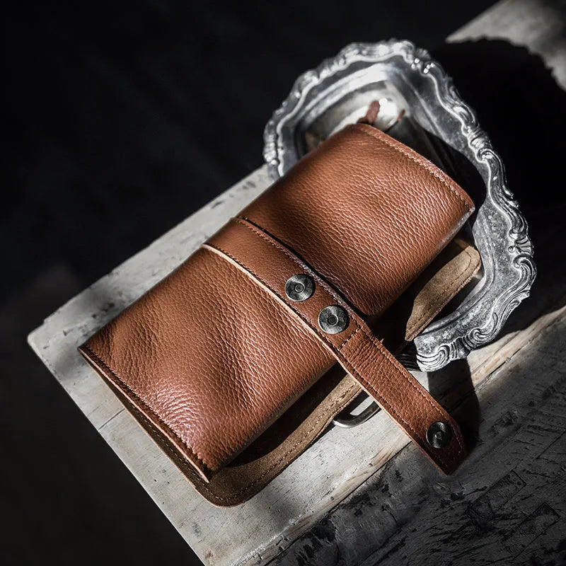 Handmade cow leather vintage wallet showing tape extraction closure in black colour