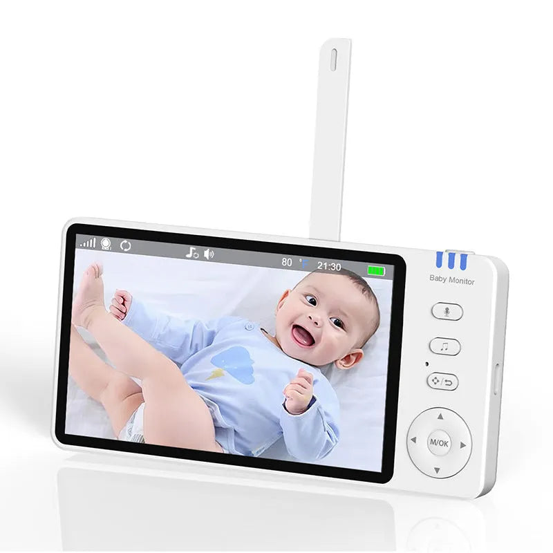 White wireless baby monitor with 5-inch HD screen showing nursery camera footage