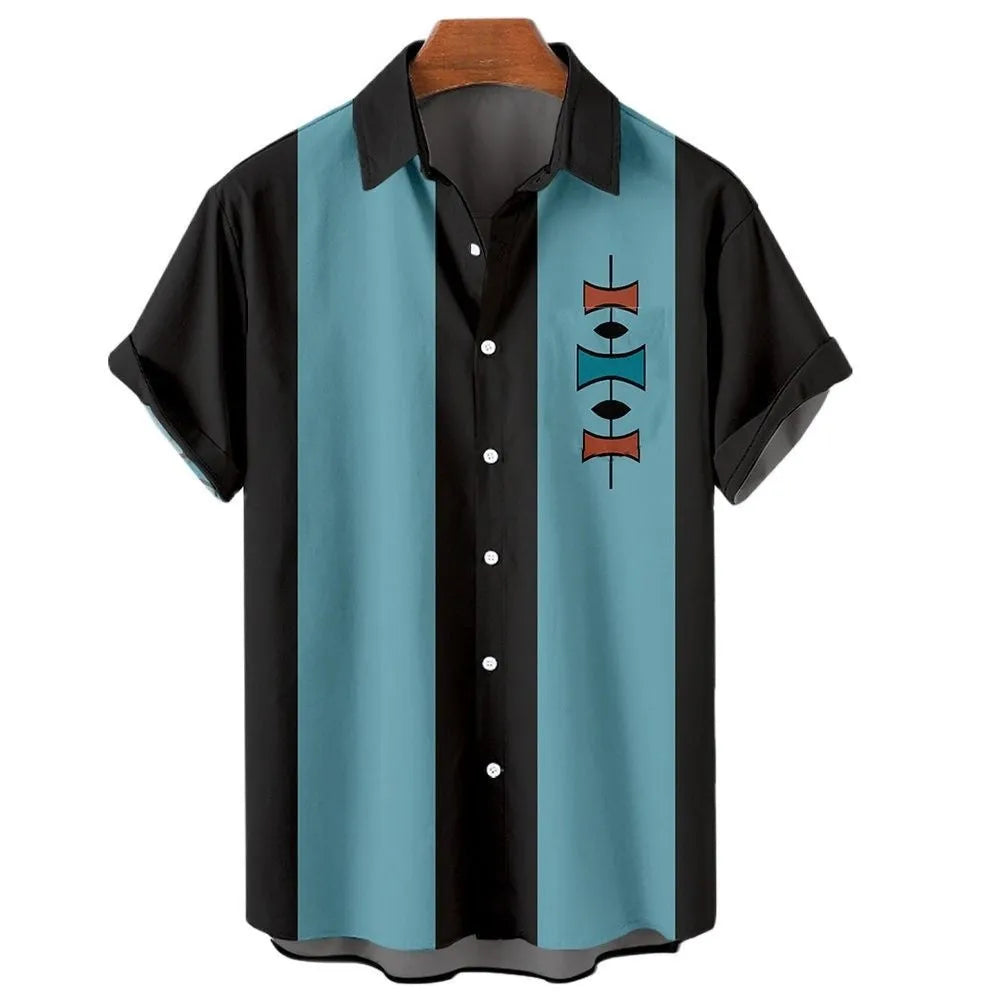 Men's striped Hawaiian shirt with button front and short sleeves in stretch elastic fabric