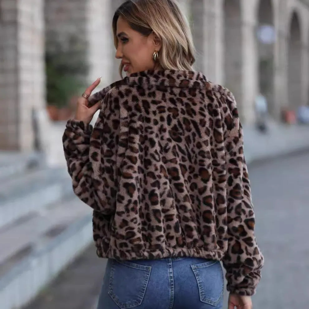 Women's leopard print plush coat with zipper front and loose fit styling
