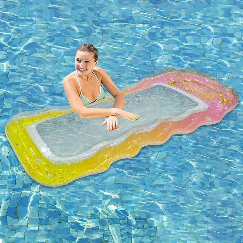 PVC thick sequins inflatable floating row pool lounger in gradient colour with canopy
