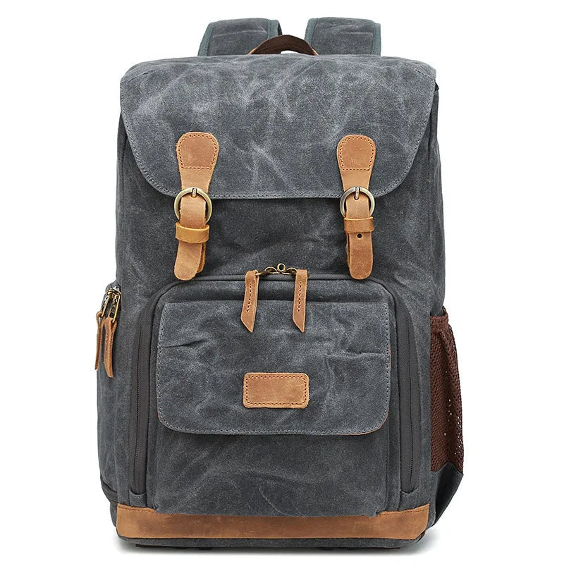 Canvas DSLR camera backpack in khaki colour with waterproof construction and backpack straps