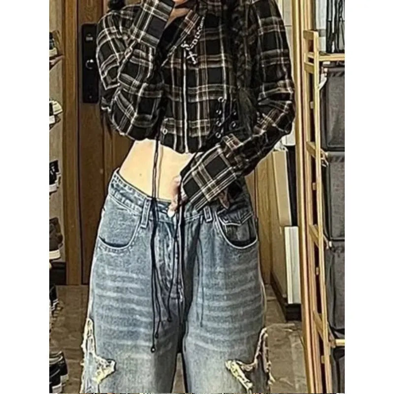 Blue women's wide-leg denim jeans with high waist and straight leg design