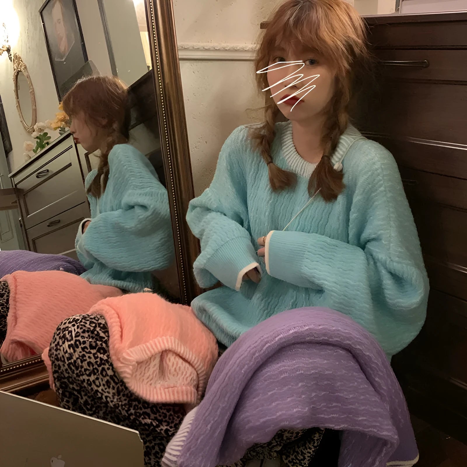 Women's loose fit solid colour pullover sweater in lake blue, pink, or purple options