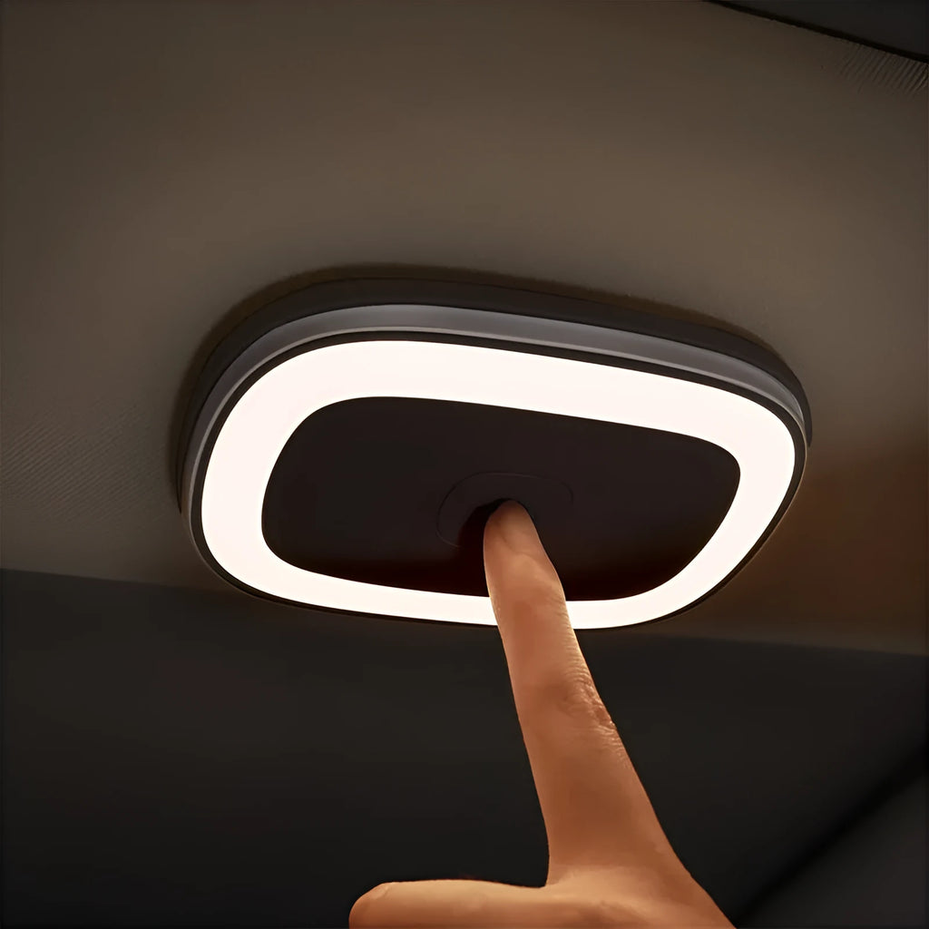 LED car reading light in black, USB rechargeable with 400mAh battery, two brightness gears, compact design