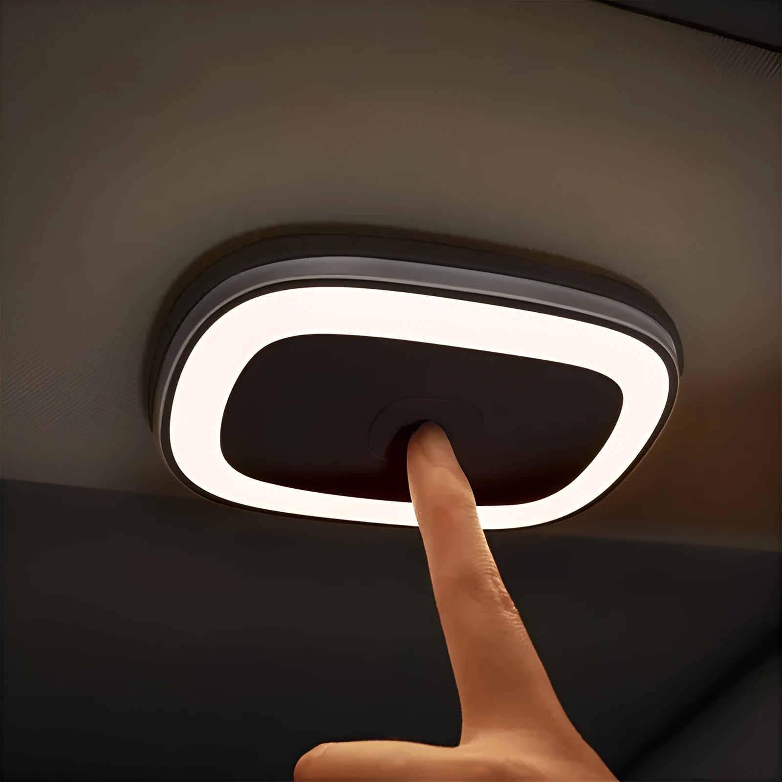 LED car reading light in black, USB rechargeable with 400mAh battery, two brightness gears, compact design
